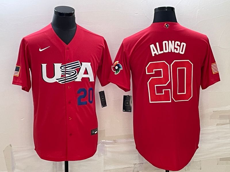 Men 2023 World Cub USA 20 Alonso Red Nike MLB Jersey4